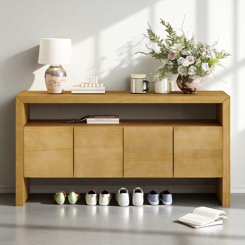 60" Modern Sideboard with 4 Doors and Open Shelf, Natural Wood Veneer Storage Cabinet for Entryway or Dining Room - Natural