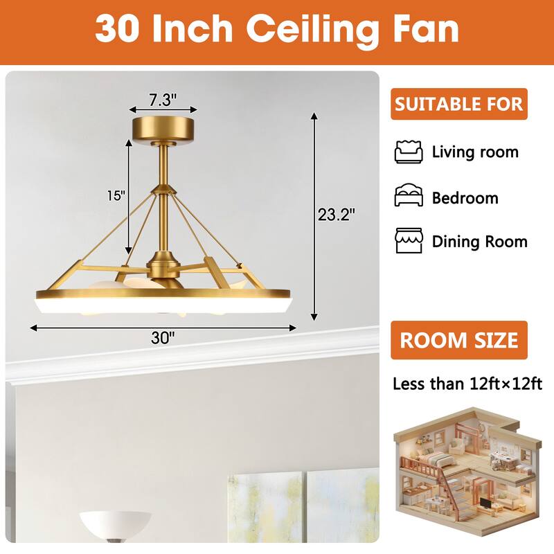 30" Modern Gold 3CCT LED Fandelier Ceiling Fan with Light and Remote