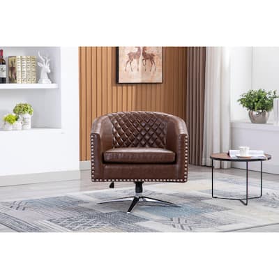 Polyester Swivel Barrel Chair Living Room Chair with Nailheads and Metal Base, Filled with High-Quality Foam