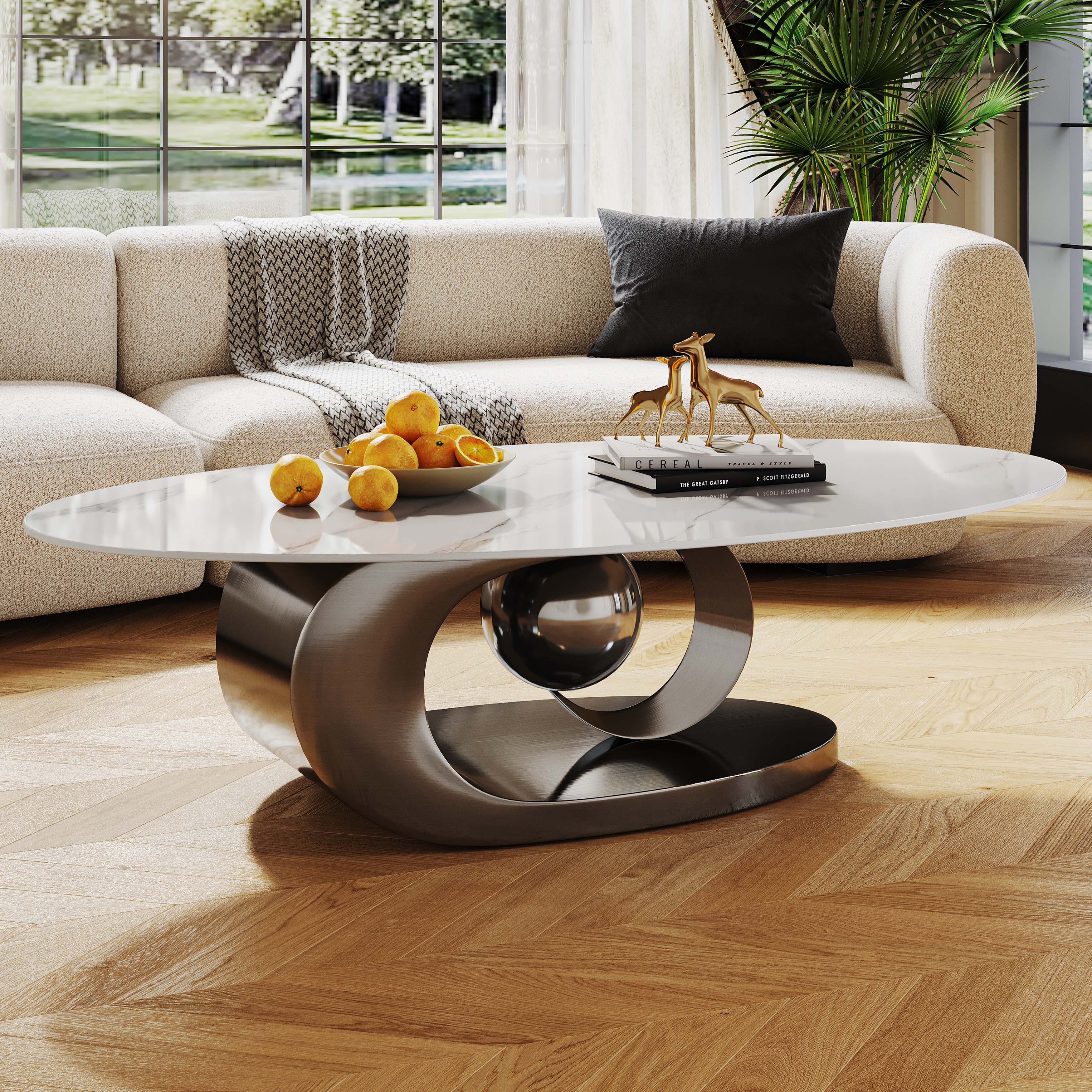 49.2-inch Modern Oval Sintered Stone Coffee Table with Innovative
