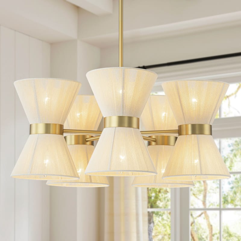 10-Light Farmhouse Boho Sputnik Hourglass Ivory Rope Handwoven Fabric Chandelier for Dining Room