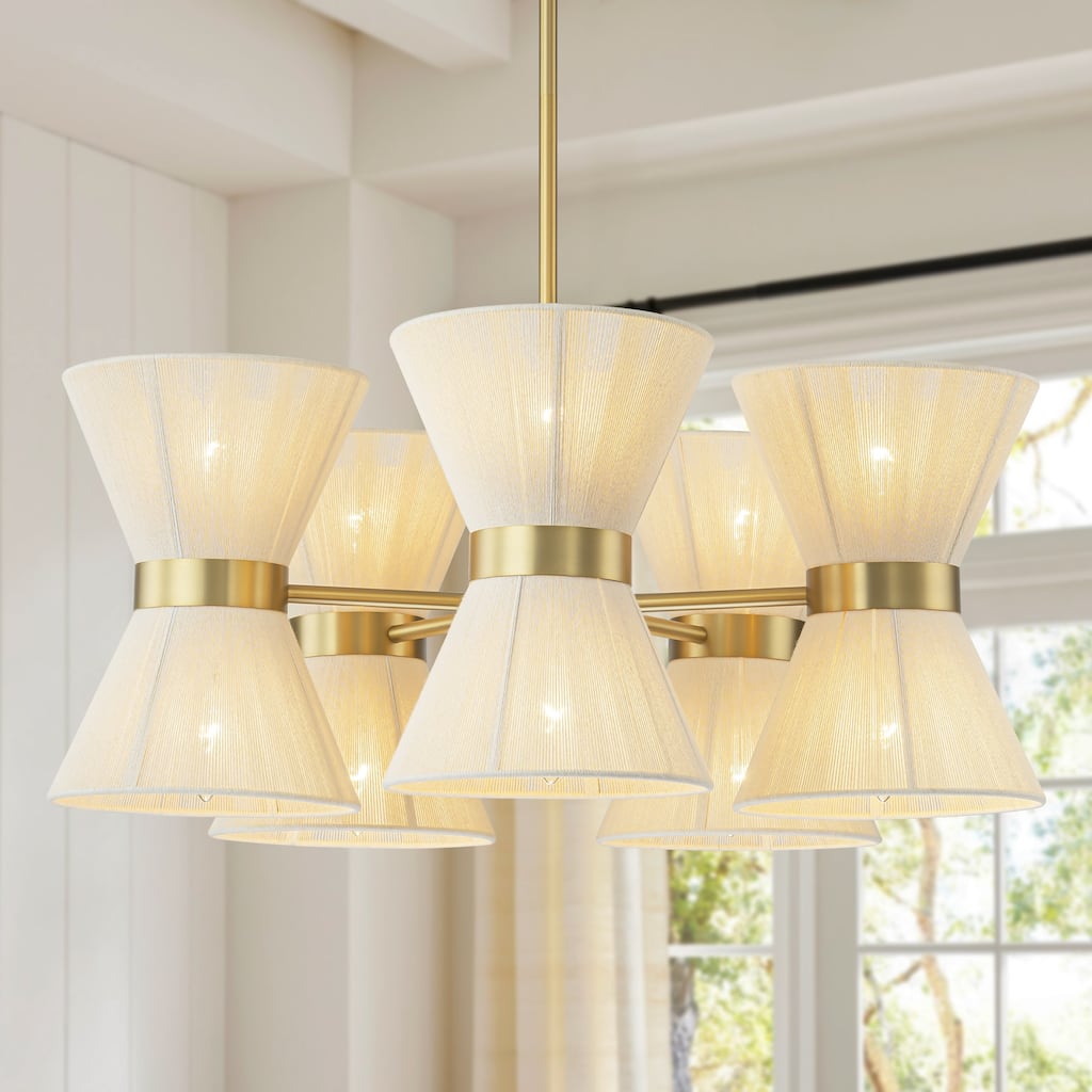 10-Light Farmhouse Boho Sputnik Hourglass Ivory Rope Handwoven Fabric Chandelier for Dining Room