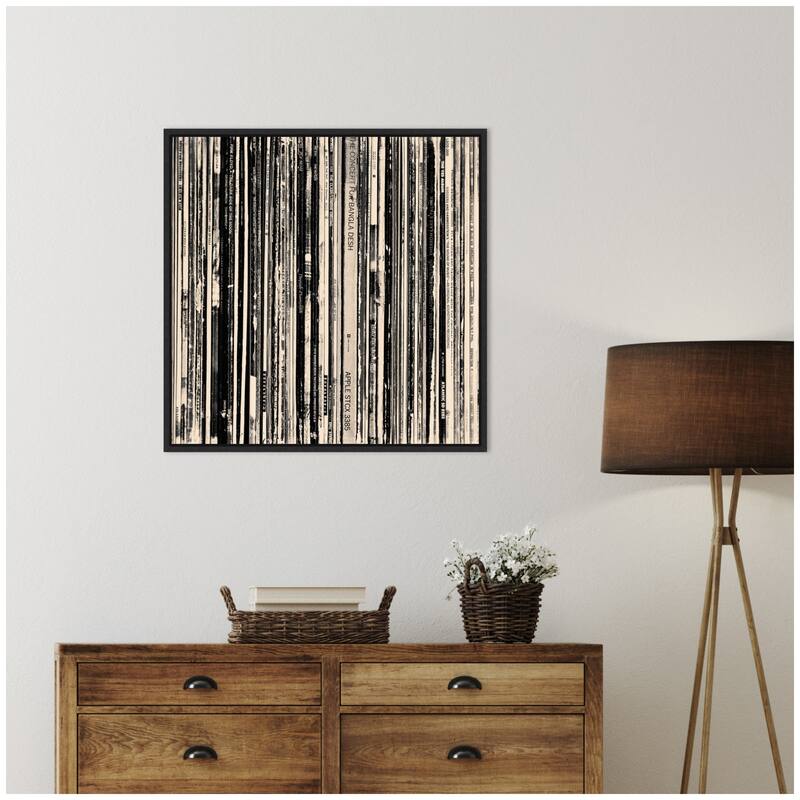 Kate and Laurel 33 RPM Black and White Square by Robert Cadloff Framed Canvas Wall Art Print