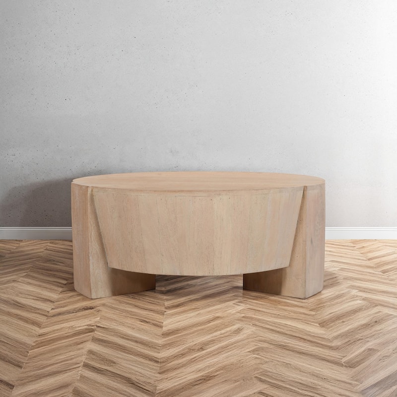 Joana Coffee Table, 35 Inch Round Drum Shape with 3 Legs, Sandblasted Natural Brown Mango Wood