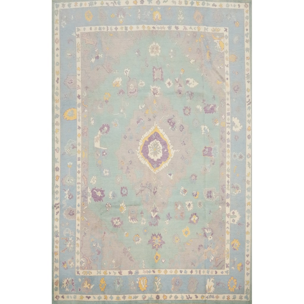 Hand Knotted Oriental 100% Wool Carpet Transitional Medallion Green Oushak Area Rug - 9' 11'' X 8' 6''