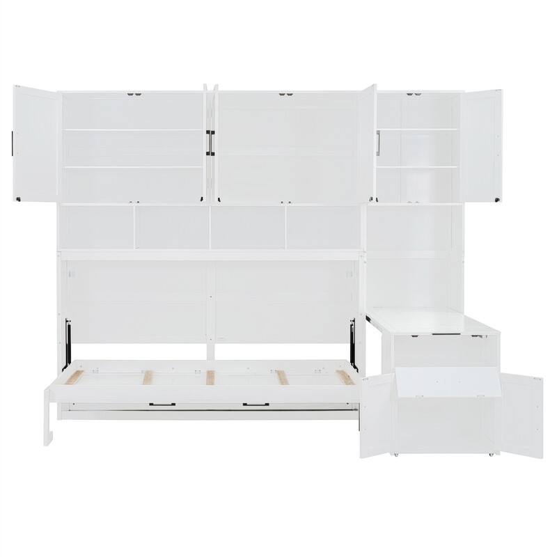 Twin Size Murphy Bed with Closet, Desk and Storage Shelves, Space Saving Design Murphy Bed Cabinet with Open Storage