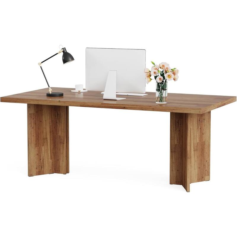 63" Farmhouse Executive Desk - Vintage Wood Computer Workstation with Thickened Tabletop, Large Writing & Conference Table