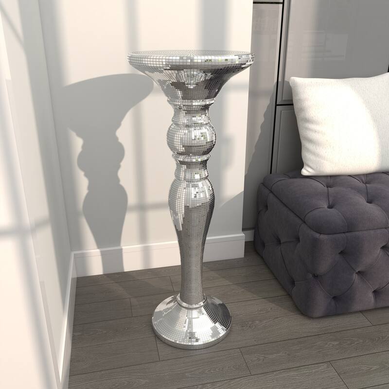 Glass Mosaic Mirrored Turned Floor Pedestal Table - Silver - Roche River Decor