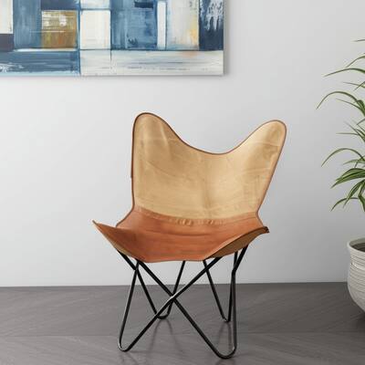 HomeRoots 37" Brown Tan and Black Canvas And Leather Butterfly Chair - 37 in. x 37 in. x 27 in.