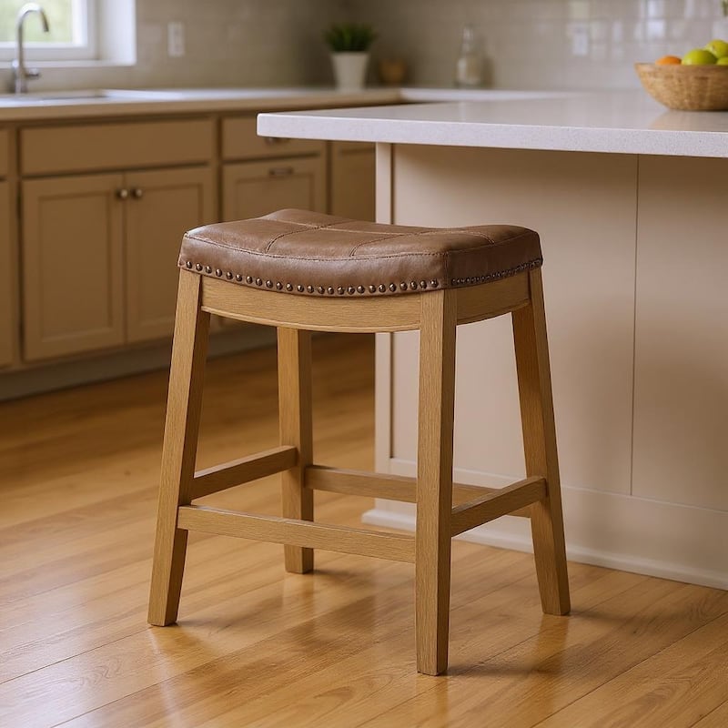 HomeRoots 26" Tan and Natural Faux Leather and Solid Wood Backless Counter Height Bar Chair - Counter Height - Tan - Single