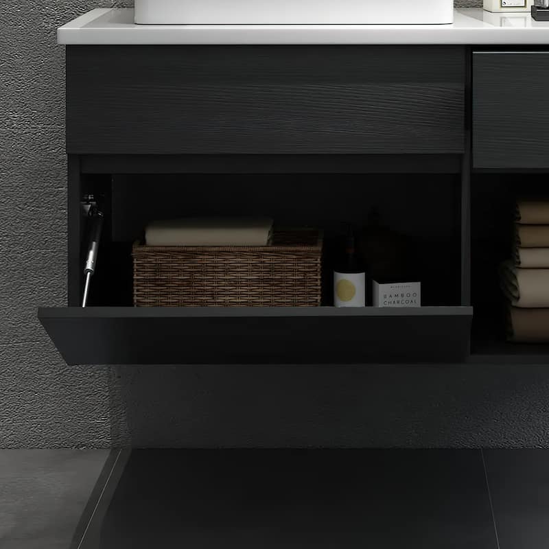 Chelce 32" Black and White Wall Mounted Bathroom Vanity with Faux Marble Countertop and Ceramic Sink - Black - Wood Finish