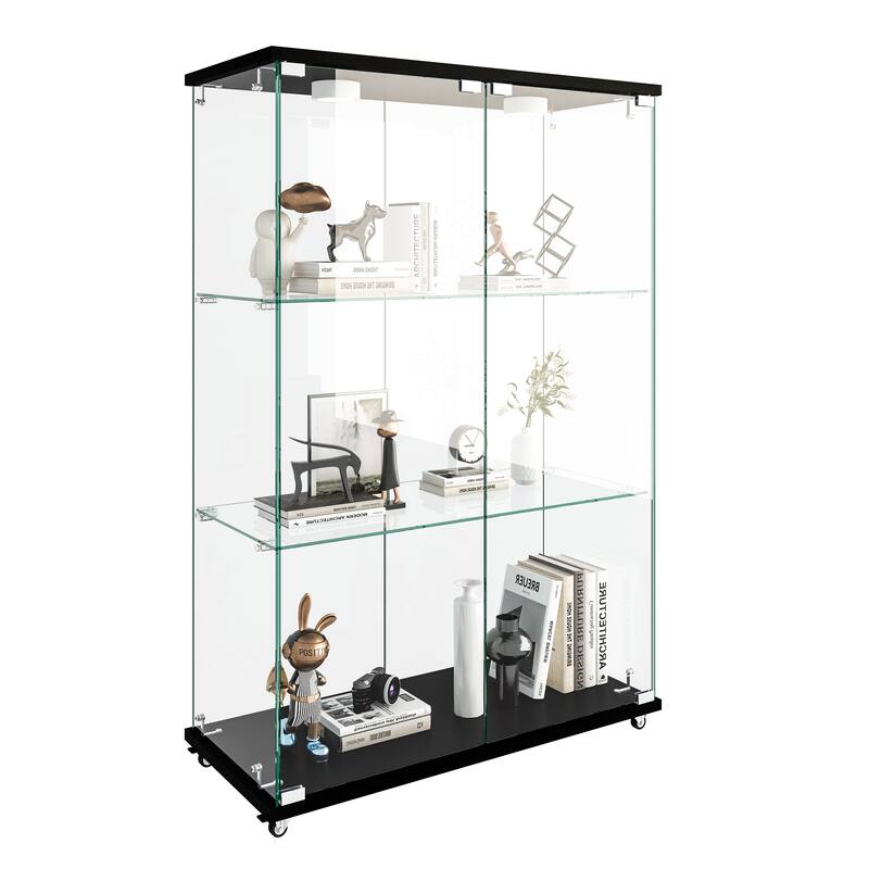 Modern Glass Display Cabinet with LED Lights, Quick-Assembly 2-Door Bookcase with Tempered Glass & Black Frame