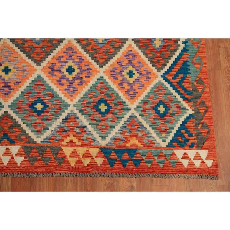 All-Over Trellis Kilim Oriental Area Rug Flatweave Wool Carpet - 8'11" x 9'11"