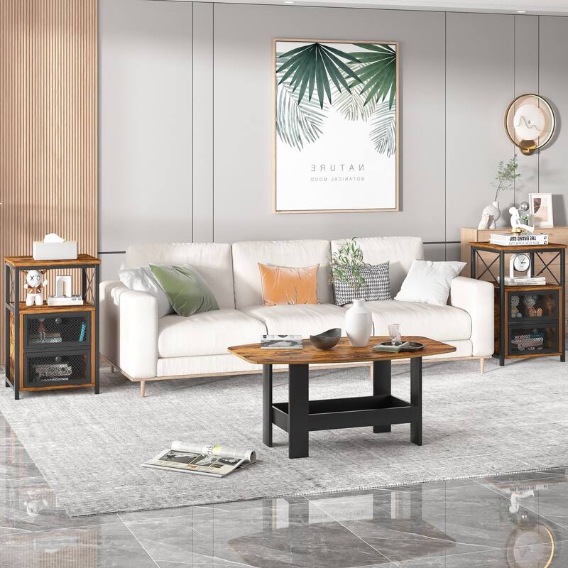 Javlergo 3-Piece Living Room Table Set, Industrial Coffee Table with 2 End Side Tables