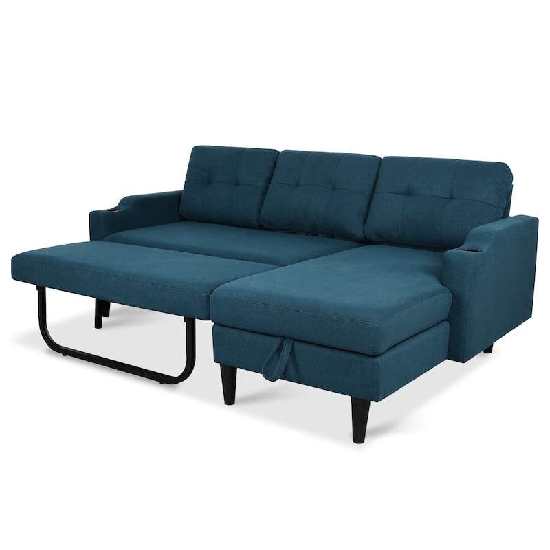 Pull Out Couch, L Shaped Convertible Sleeper Sofa Bed with Hidden Storage, 3-in-1 Upholstered Sectional Sofa with Cup Holder