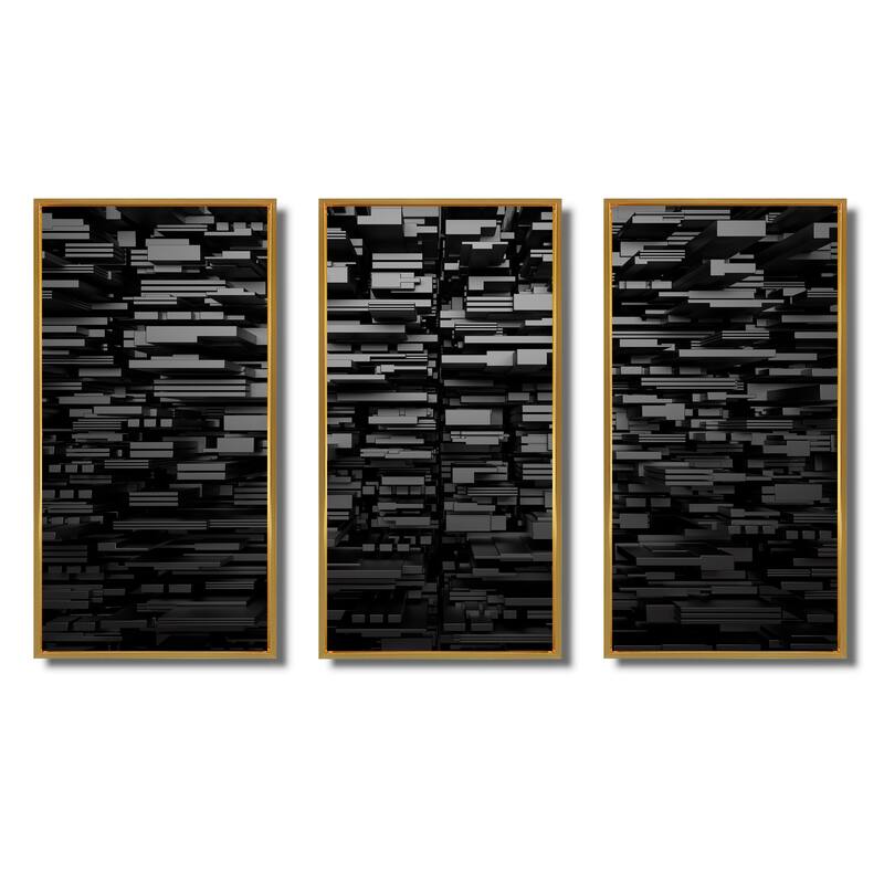 Designart "Black 3D Geometric Background" Abstract Framed Artwork Set of 3 - 4 Colors of Frames