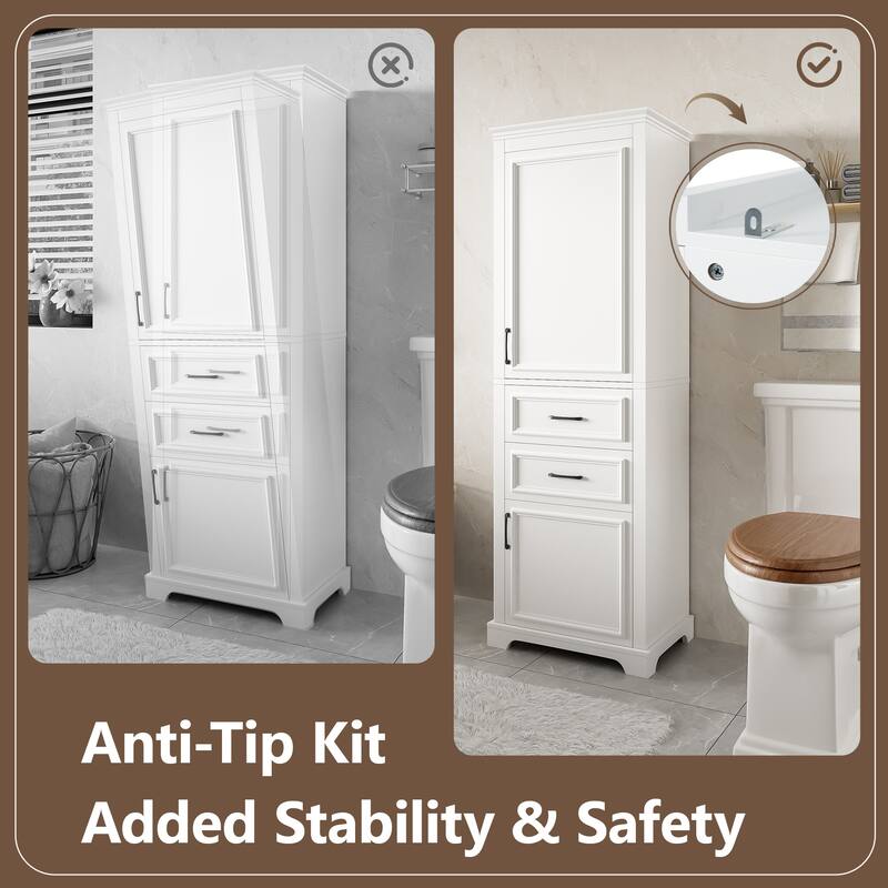 71-inch tall freestanding bathroom vanity with damping-hinge doors and drawers, featuring a modern elegant design