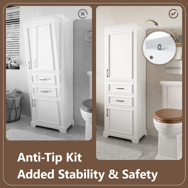 Bathroom Freestanding Storage Cabinet White Tall Cabinet with Adjustable Shelves, Black Handles and Anti-Tipping Design聽