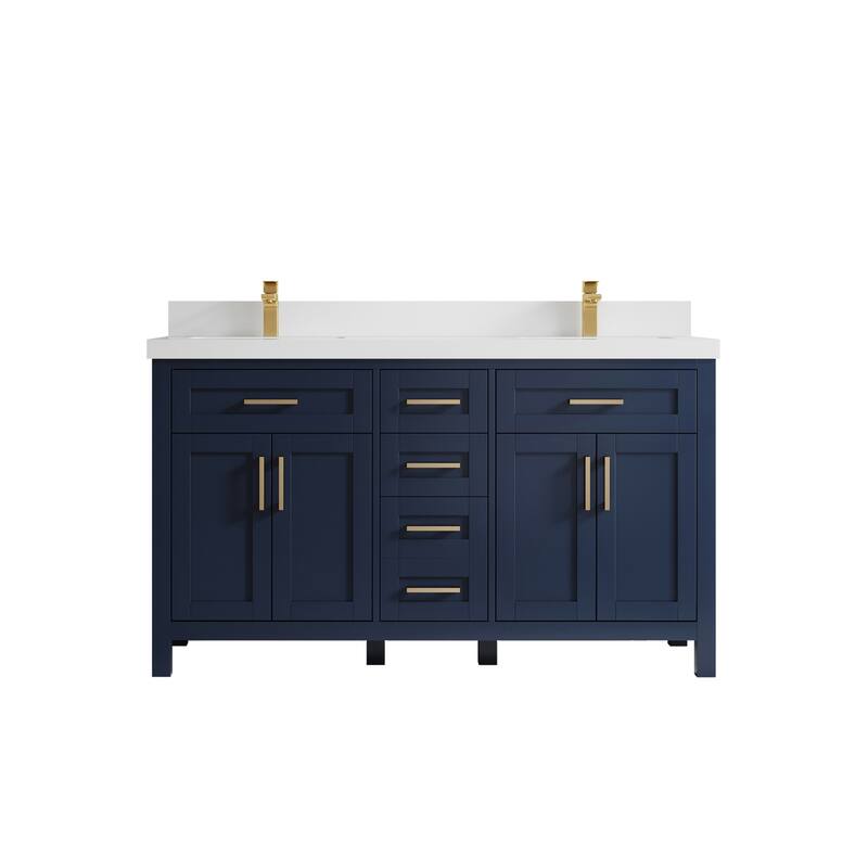 Willow Collections 60 in. W x 22 in. D Cambridge Double Sink Bathroom Vanity with Countertop - 2" White Quartz - Navy Blue