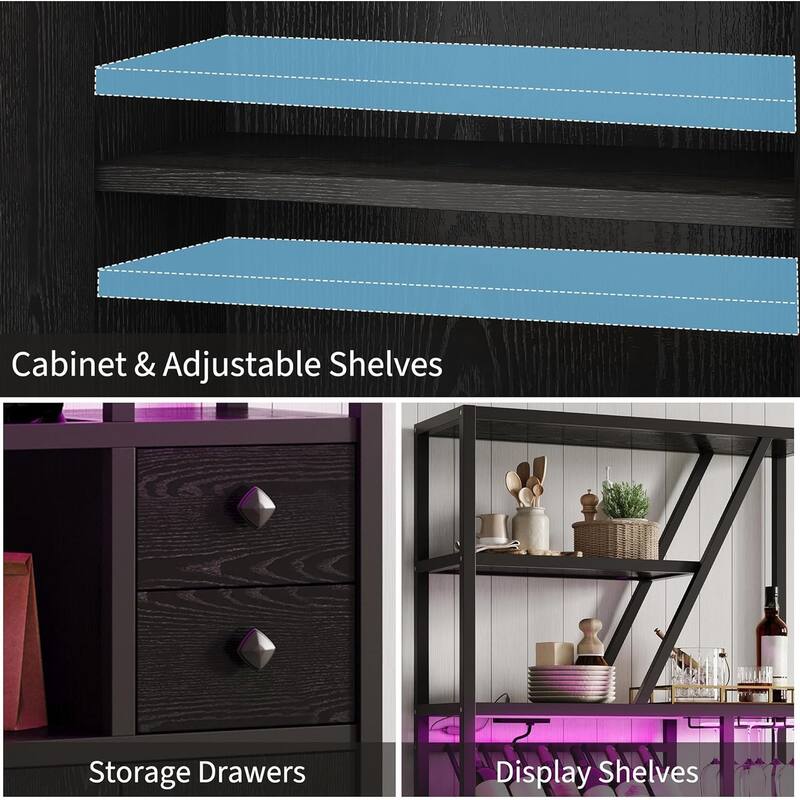 Farmhouse Bar Cabinet with Wine Rack,Bakers Rack with Power Outlet and LED Light