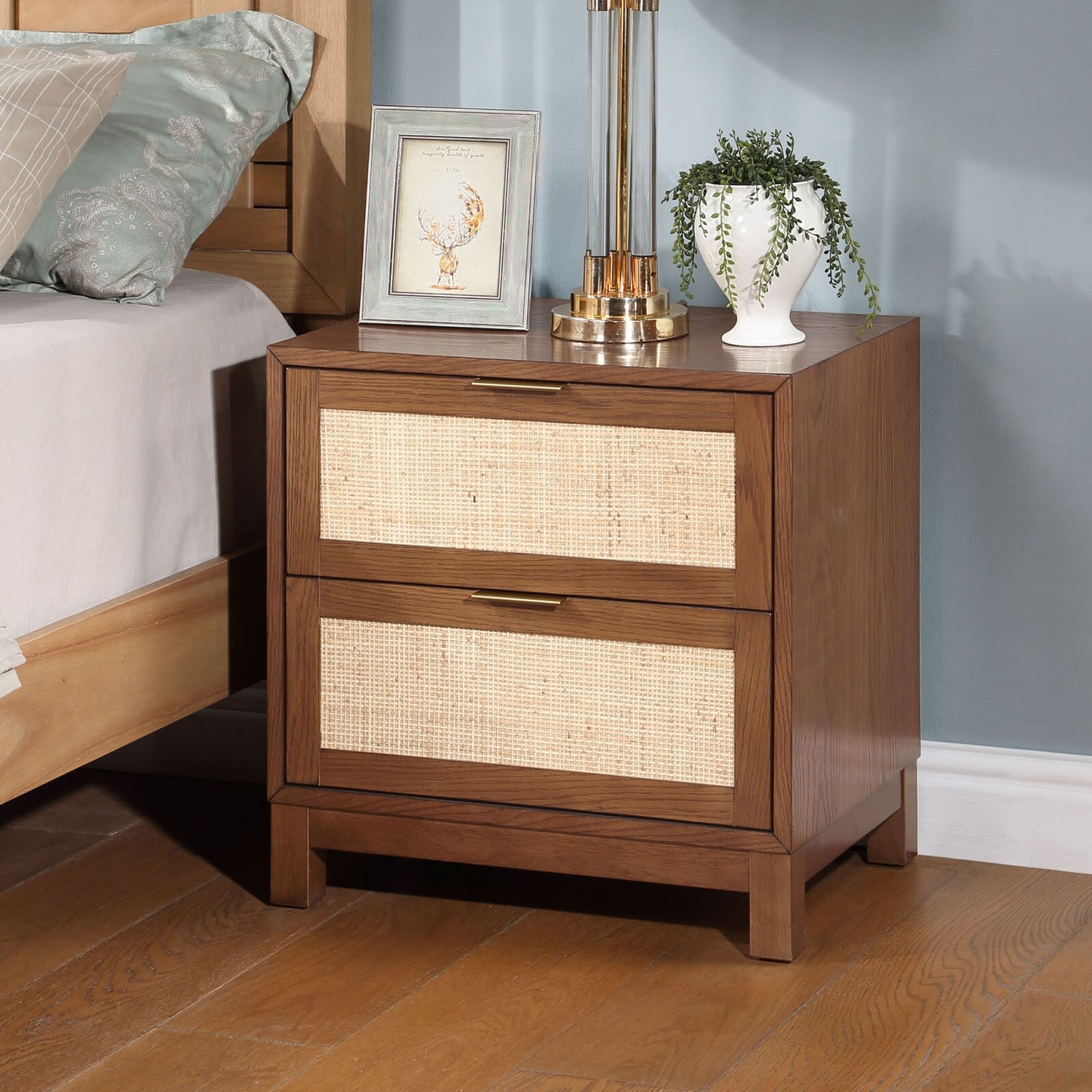 Dark Oak Finish Nightstand End Side Table 2 Rattan Decorated Drawers Bed Bath Beyond 41047883