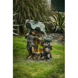 Bronze Resin Child and Frog Lily Outdoor Fountain with LED Light