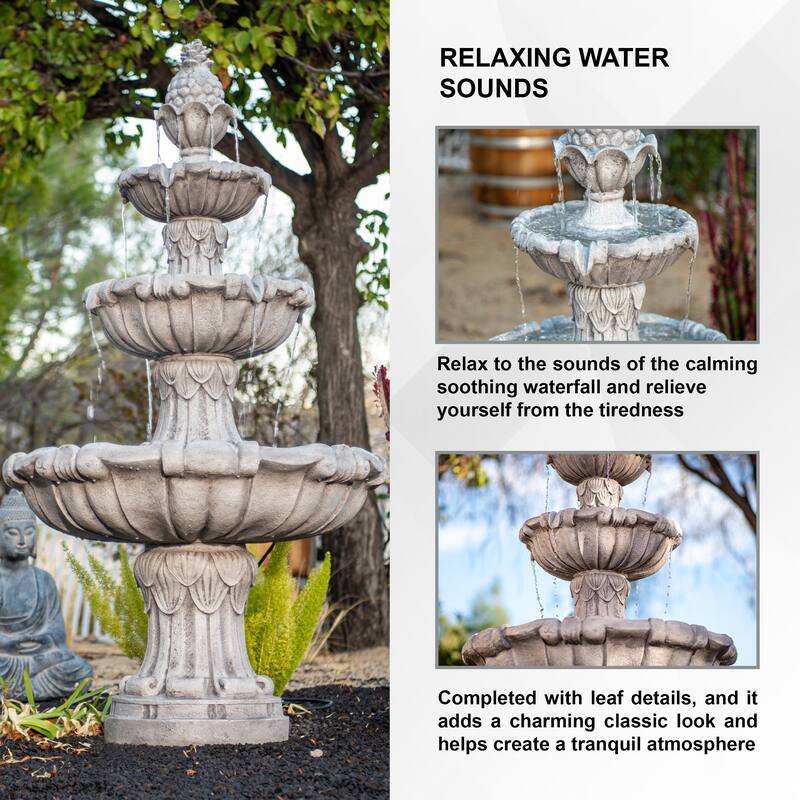 XBrand 58.3" 3-Tier Outdoor Freestanding Water Fountain, Classic Leaf Design, Gray Resin, Large Bird Bath with Pump