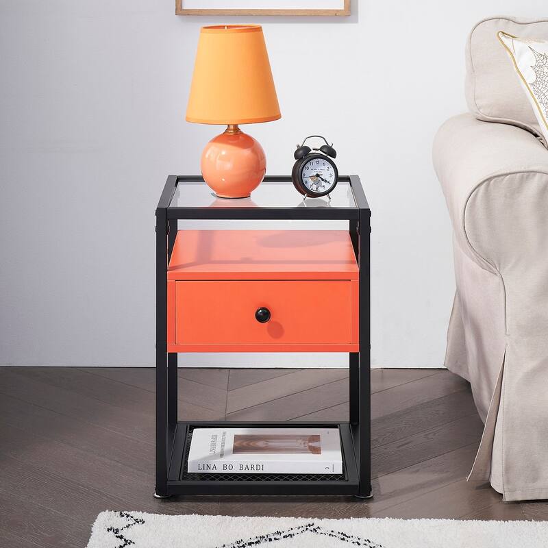 VECELO Modern 1- Drawer Nightstands with Tempered Glass Top