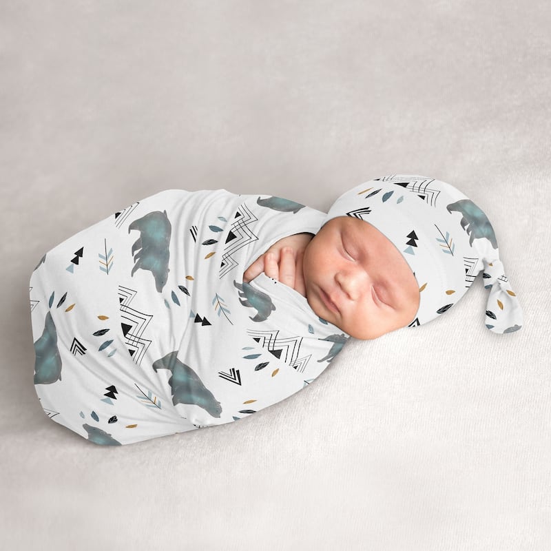 Bear Mountain Collection Boy Baby Cocoon and Beanie Hat Sleep Sack - 2pc Set - Slate Blue and Black Woodland Forest Animal