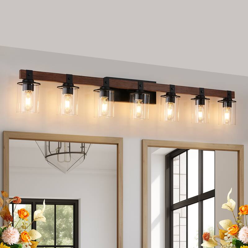 50" Rustic 7-Light Vanity Light, Industrial Bathroom Wall Sconce with Glass Shades and Wood Accent(No Bulbs) - Walnut