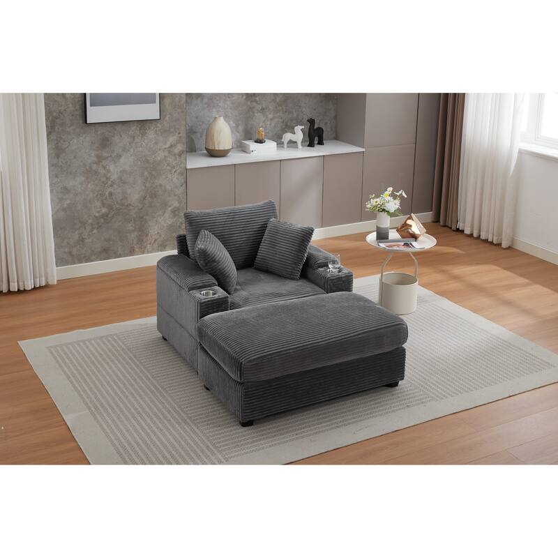 Corduroy Upholstered Chaise Lounge with Movable Ottoman, Living Room Storage Sofa Chair with Cup Holder, Detachable Cushions
