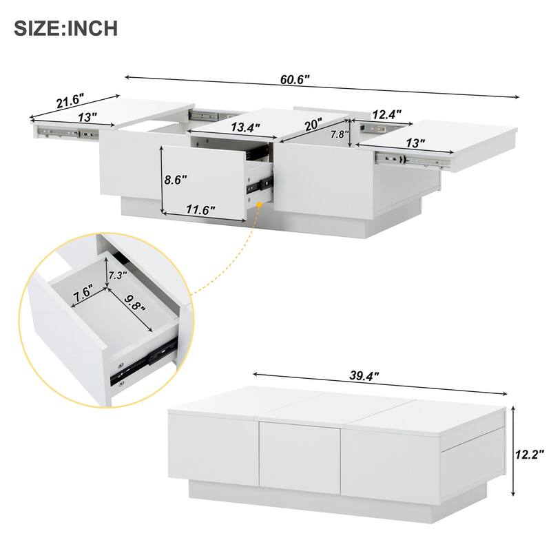 Extendable Coffee Table, Rectangle Center Table w/ 2 Drawers,High-Gloss Hidden Storage Wood Cocktail Table for Living Room