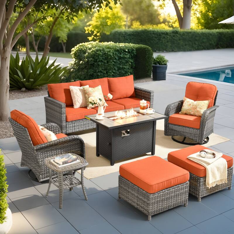 OVIOS 7-piece Patio Wicker Swivel Rocking Chair Set With Fire Pit - Orange/Red