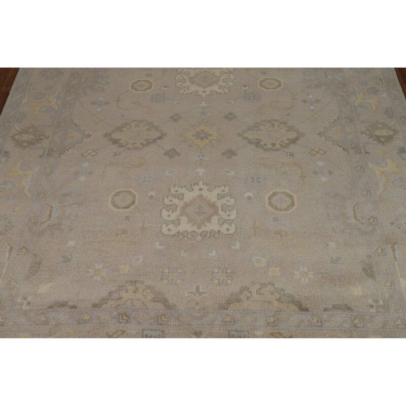 Geometric Beige Oushak Indian Area Rug Hand-Knotted Wool Carpet - 7'10"x 9'10"