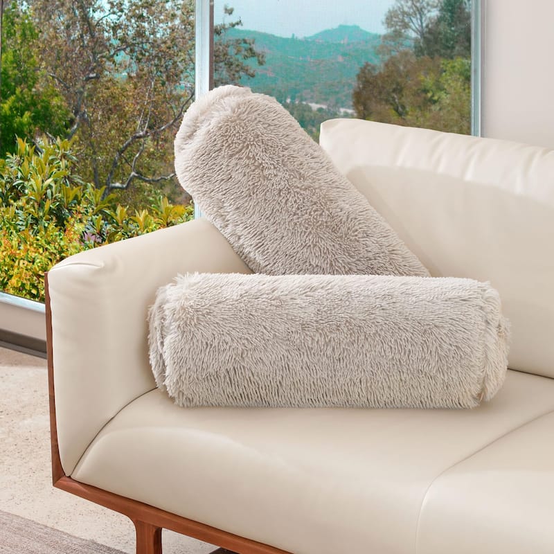 Cheer Collection 8" x 24" Set of 2 Shaggy Long Hair Bolster Pillows - Silver