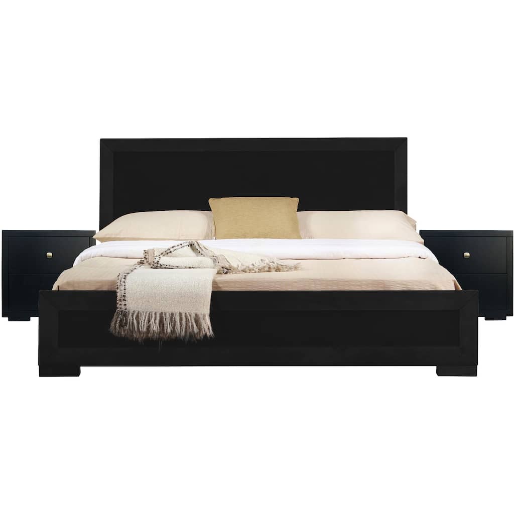 Wooden Platform Bed with Nightstands - Modern Black Bed Frame, Slat Support System