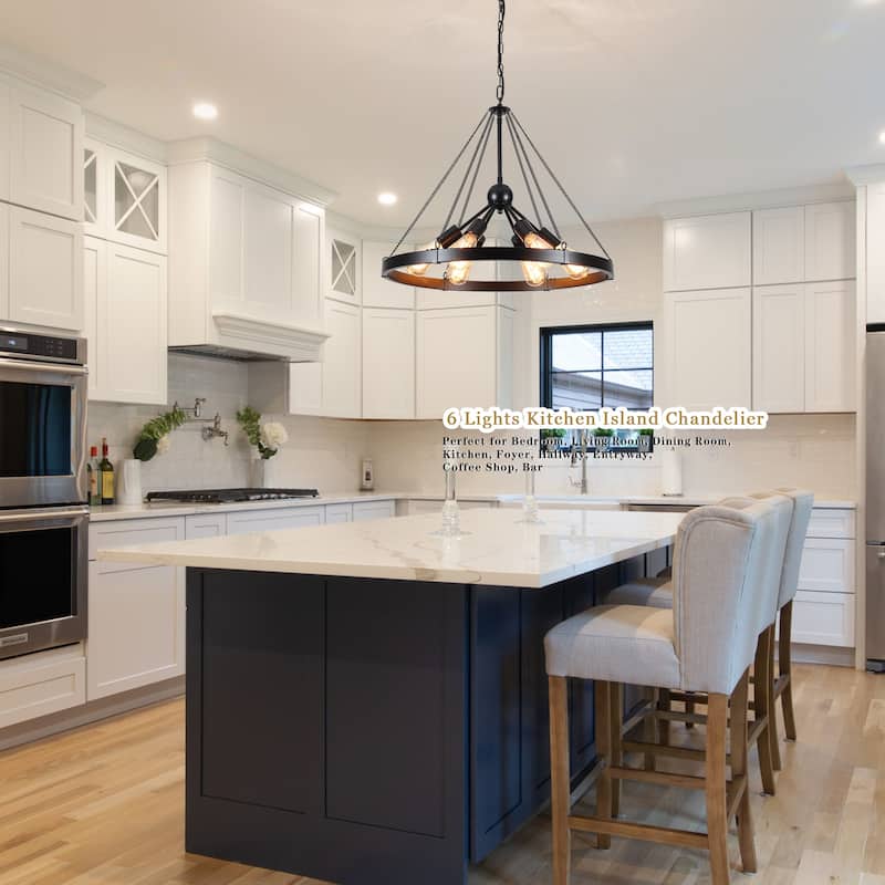 6-Light Modern Wagon Wheel Chandelier with Adjustable Chain for Study Foyer Kitchen Island