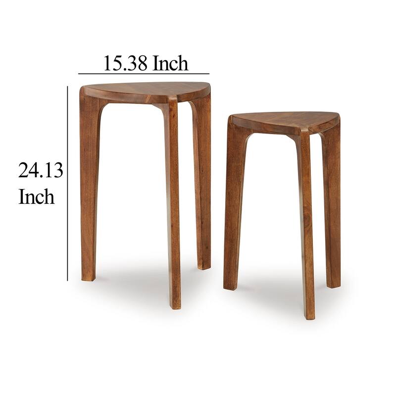 Nesting Accent Table Set of 2, Brown Solid Mango Wood Triangular Shape