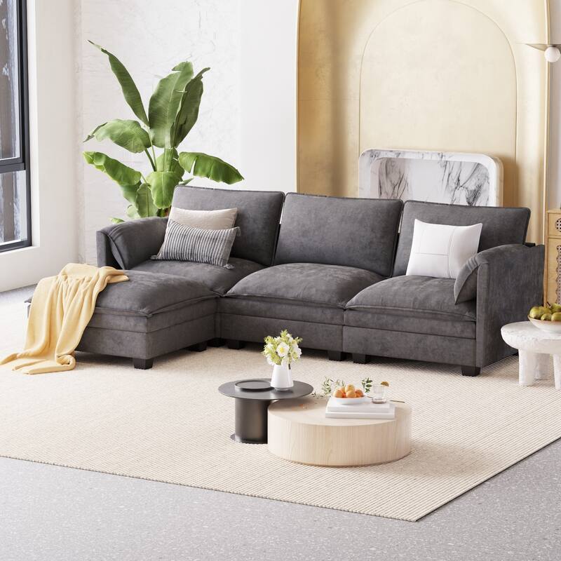 L-Shaped Sectional Sofa with Movable Ottoman, Fabric Upholstered 3 Seater Sofa, Deep Seat Sofa with Side Pockets