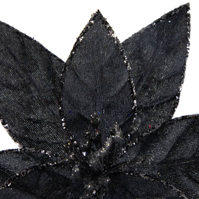 Glittered Poinsettia Christmas Floral Pick Clip-On Ornament - 10" - Black