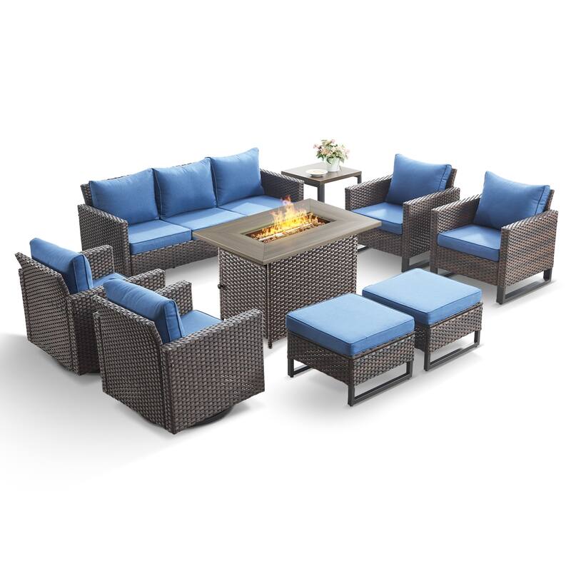 Gymojoy Outdoor Fire Pit Conversation Set, Patio Furniture with Cushions - 9 PCS - Brown Wicker / Blue Cusion