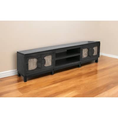 HomeRoots 93" Black Solid Wood Cabinet Enclosed Storage Distressed TV Stand - 92.5' X '27' X '15.75