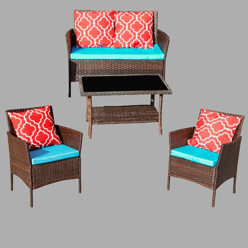 Outdoor 4-Piece PE Rattan Sofa Set with Cushions, Tempered Glass Coffee Table & Chairs, Fade Resistant, Weatherproof - Blue