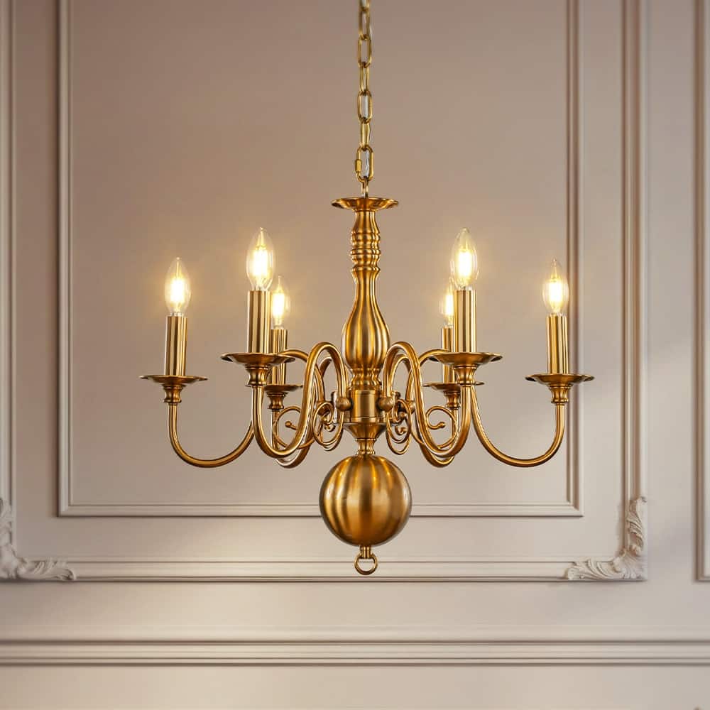 French Country Dimmable Antique Brass Chandelier Adjustable Chain Vintage Pendant Light for Dining Room