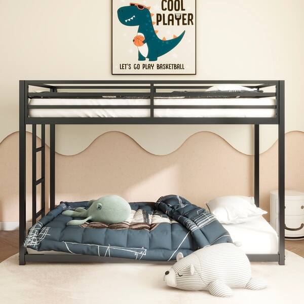 slide 2 of 14, Low Profile Twin over Twin Bunk Bed with Ladder and Guardrails Black - Twin