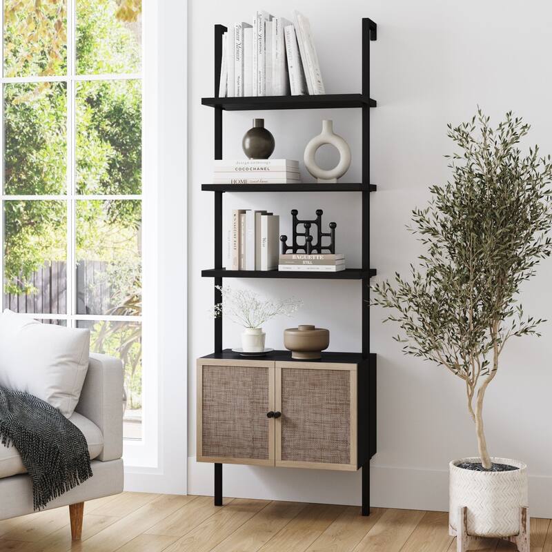 Nathan James Theo Open Shelf Industrial Bookcase with Drawers or Cabinets - Single - Black/Light Oak