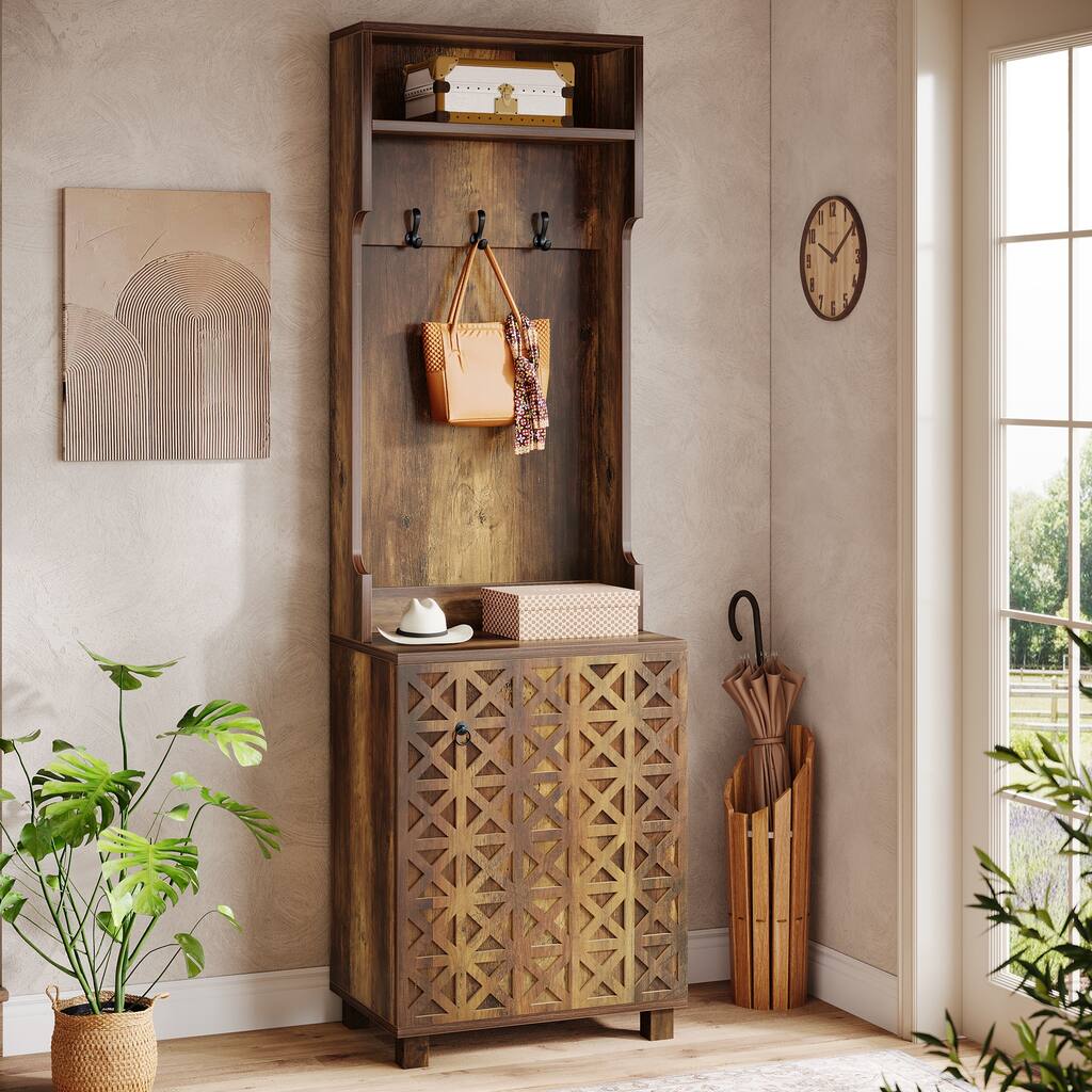 3-in-1 Hall Tree, Farmhouse Hall Tree with Coat Rack, Top Storage and Shoe Cabinet