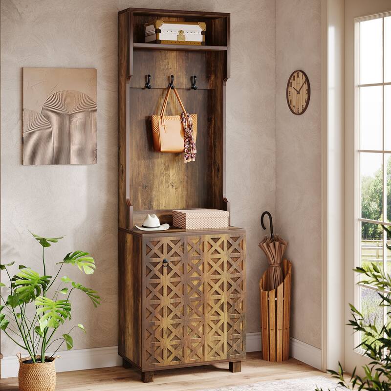 Farmhouse 3-in-1 Hall Tree with Coat Rack and Shoe Cabinet