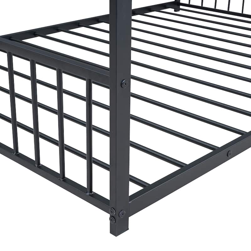 Black Full Size Metal House Bed with Roof, Fence, and Back for Kids
