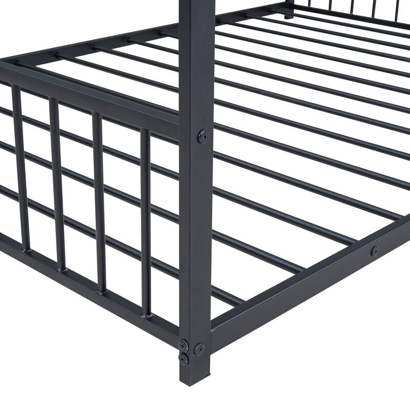 Twin/Full Size Montessori Floor Bed for Kids, Metal House Bed Frame w/Fence & Roof, Kids Playhouse Bed, Metal Platform Bedframe